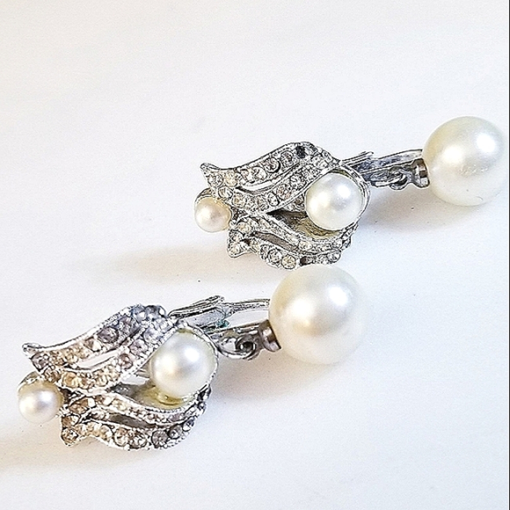 Vintage Crystal Pave Silver & Pearl Earrings 1940'S - 1950's